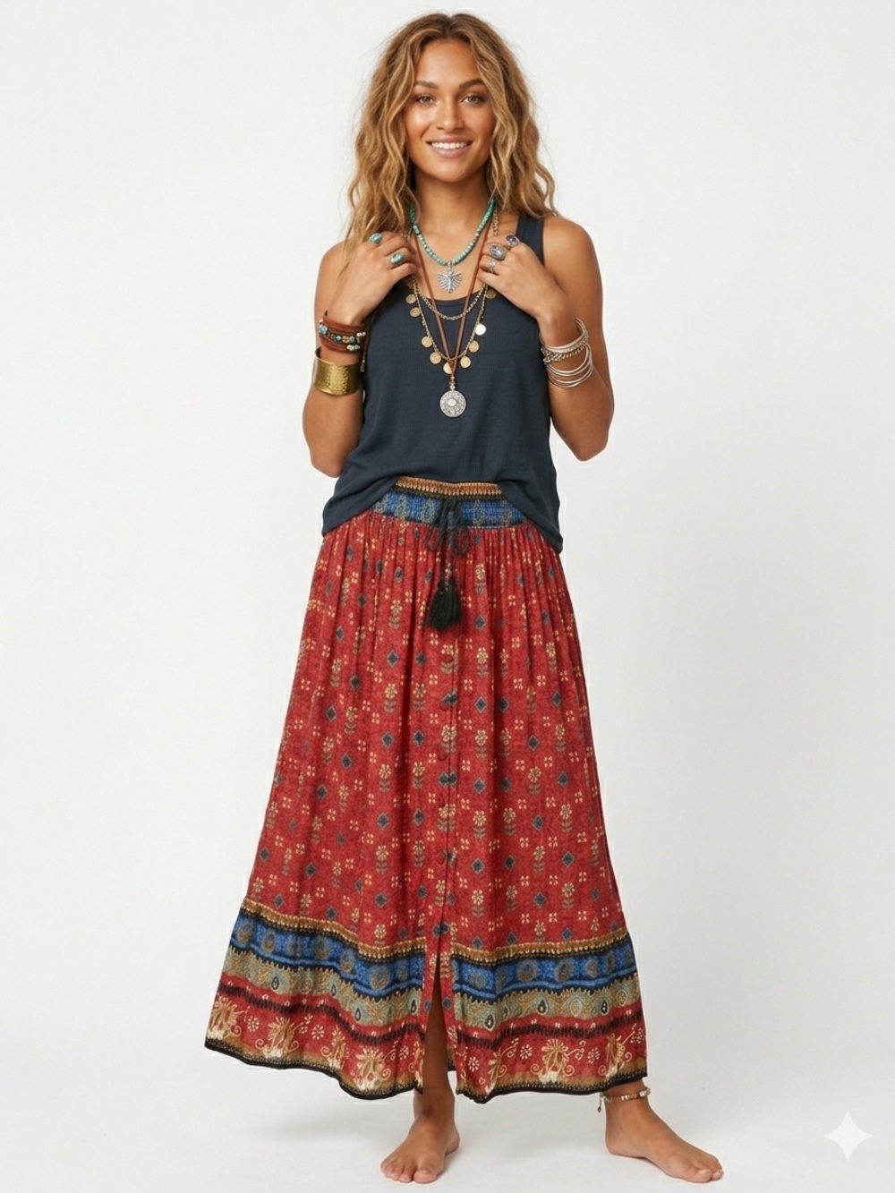 Urban Renewal Red Floral Bohemian Button-Front Maxi Skirt